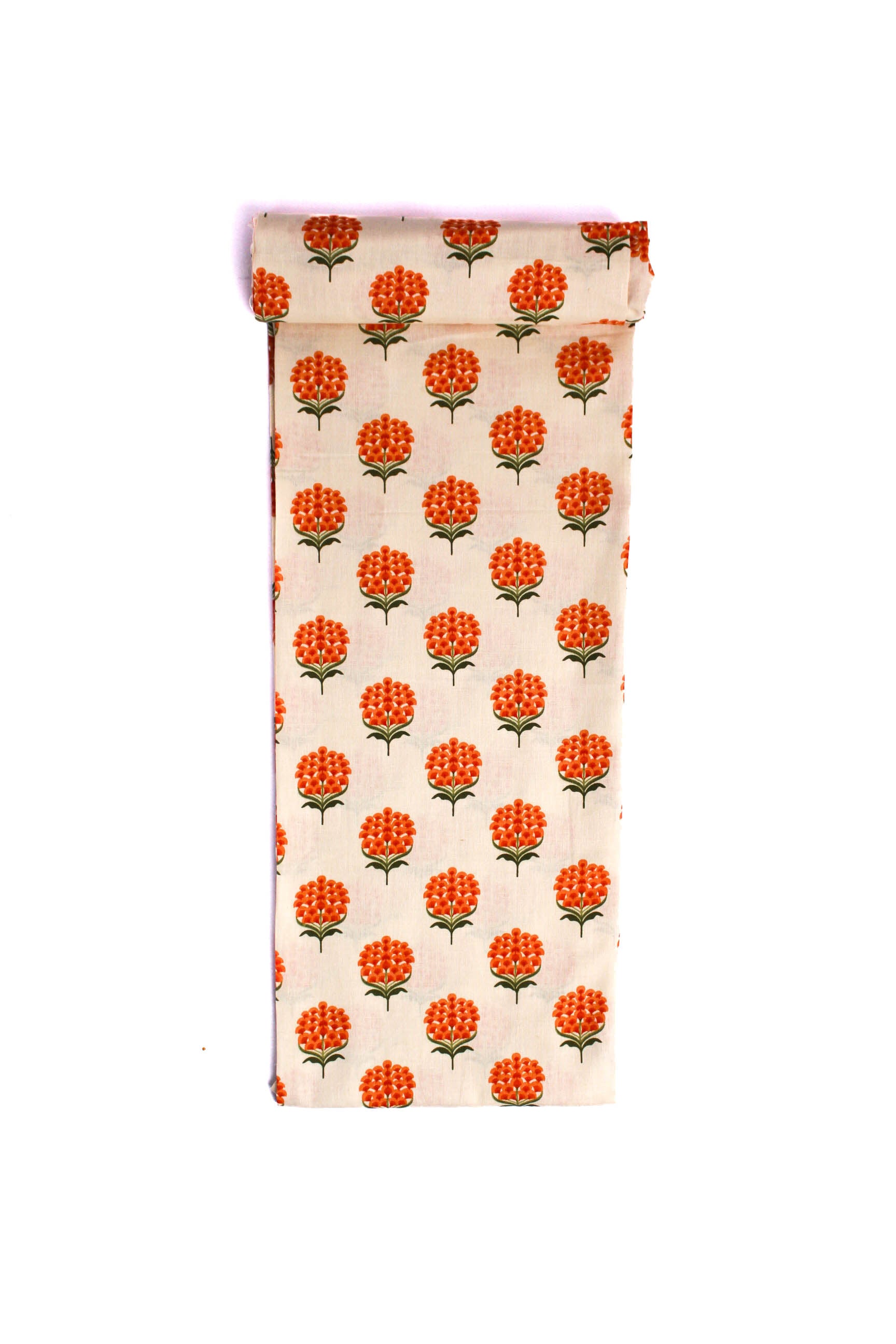 A cream-colored fabric with a pattern of grey floral vines and tangerine orange blooms.