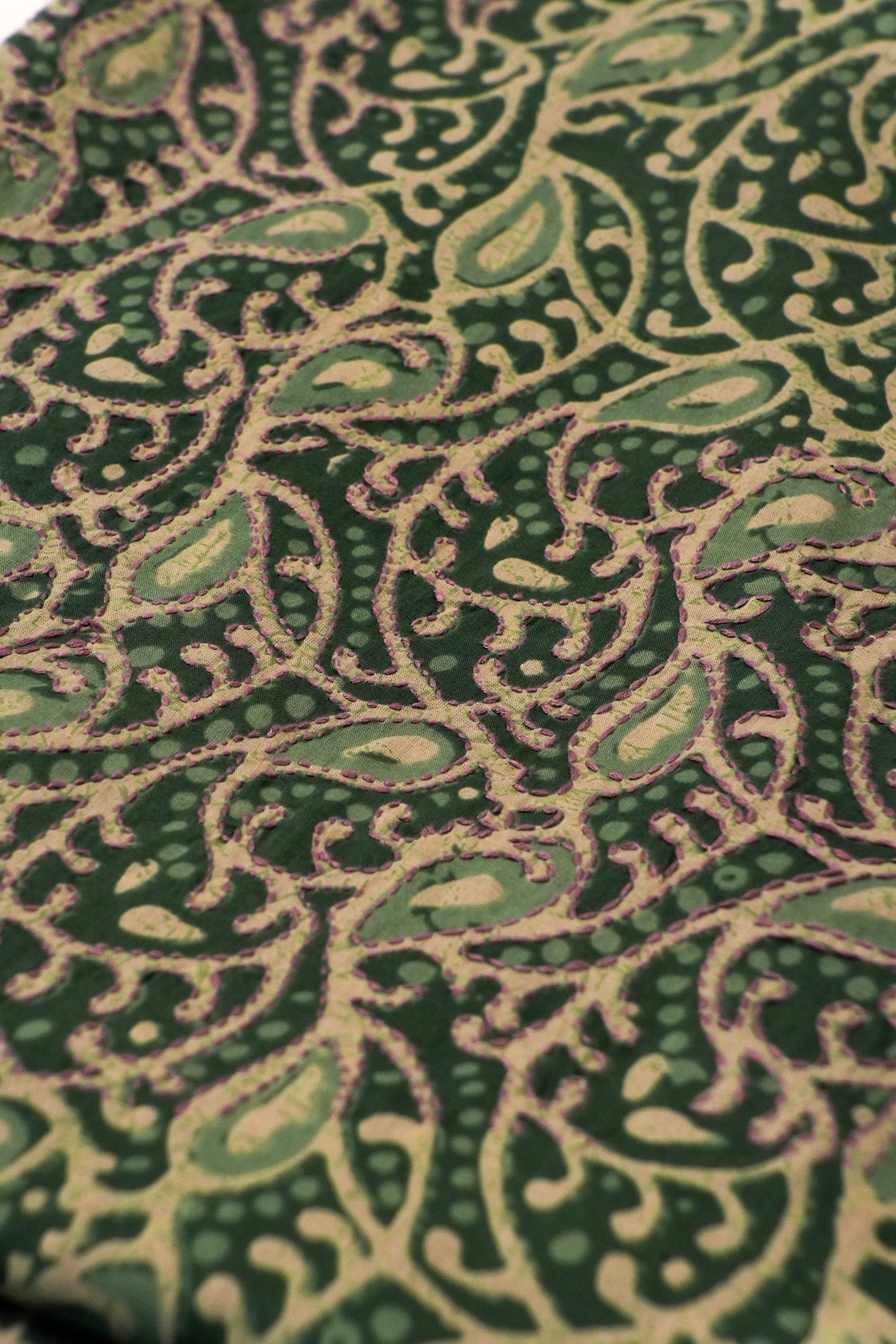Close-up of a green and beige patterned fabric